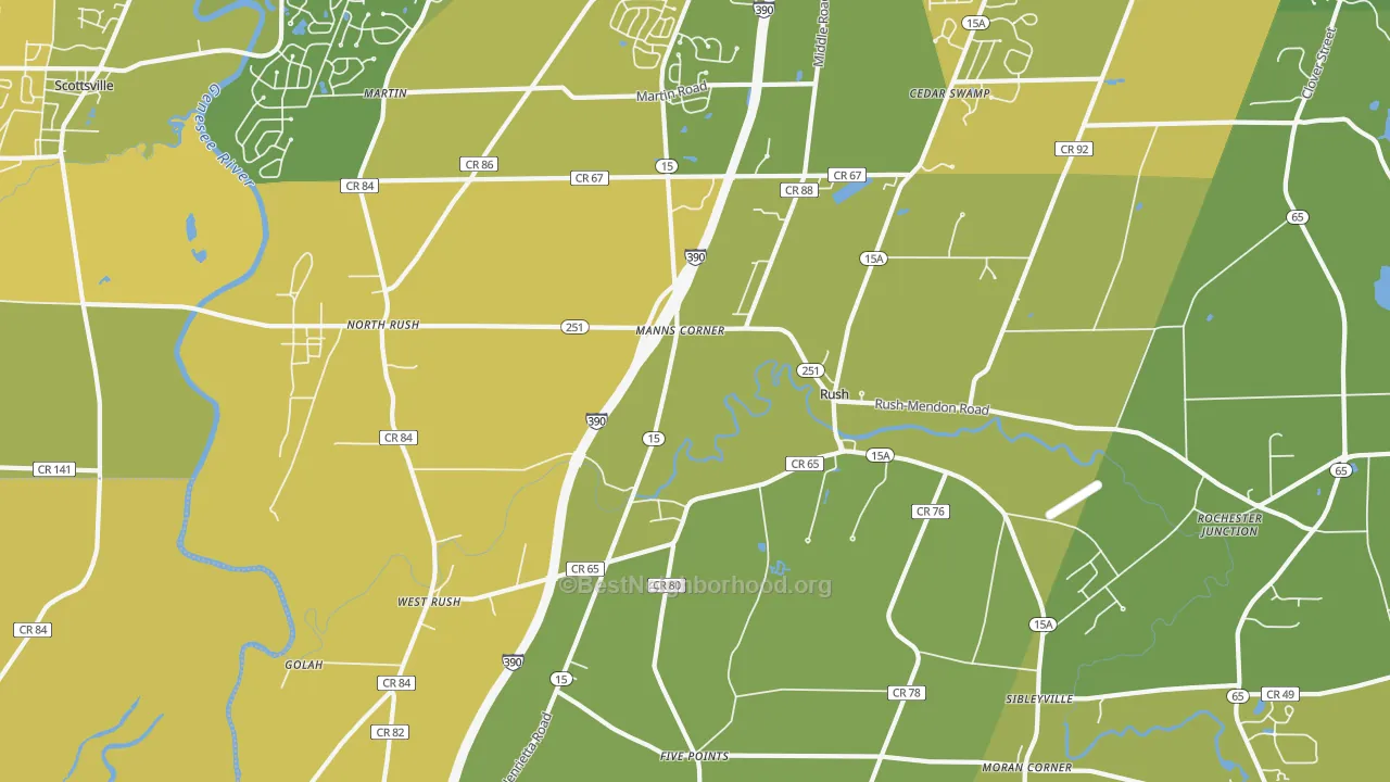 Map of the best neighborhoods in the 14543 area, with better matches in green and worse matches in red