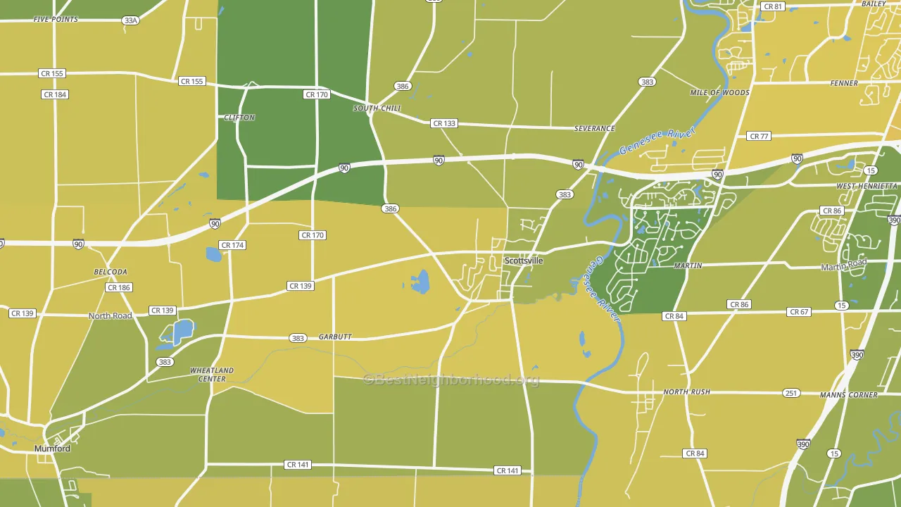 Map of the best neighborhoods in the 14546 area, with better matches in green and worse matches in red