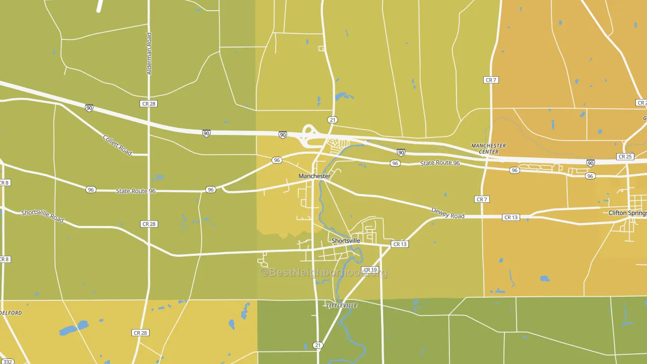 Map of the best neighborhoods in the 14548 area, with better matches in green and worse matches in red