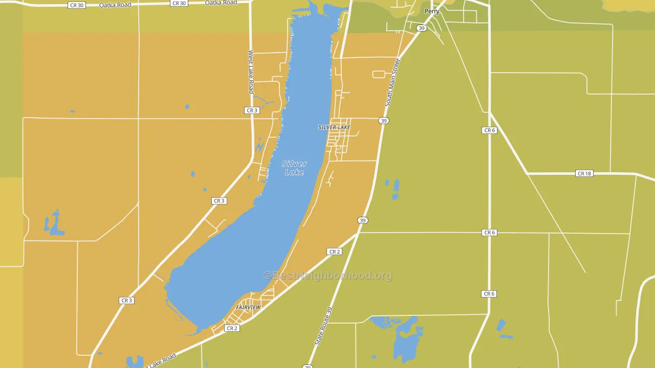 Map of the best neighborhoods in the 14549 area, with better matches in green and worse matches in red