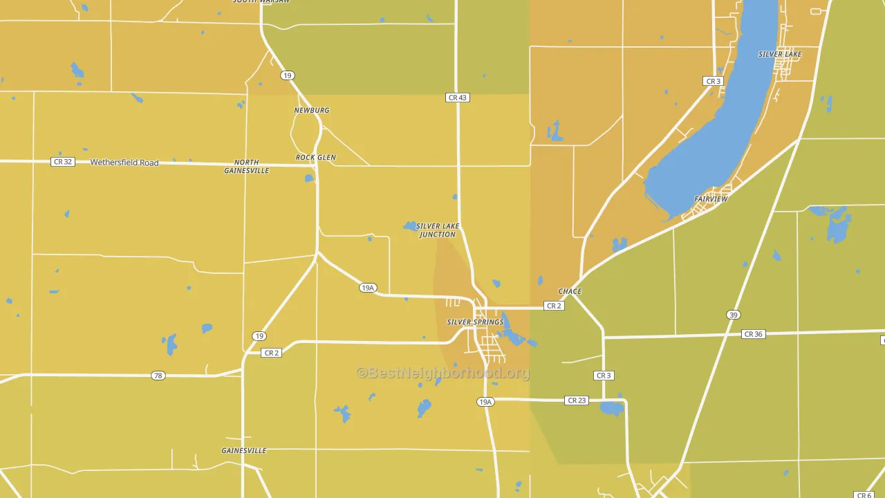 Map of the best neighborhoods in the 14550 area, with better matches in green and worse matches in red