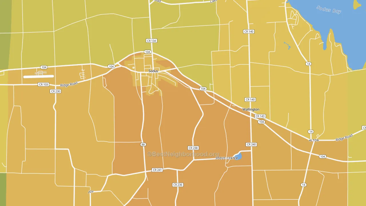 Map of the best neighborhoods in the 14551 area, with better matches in green and worse matches in red