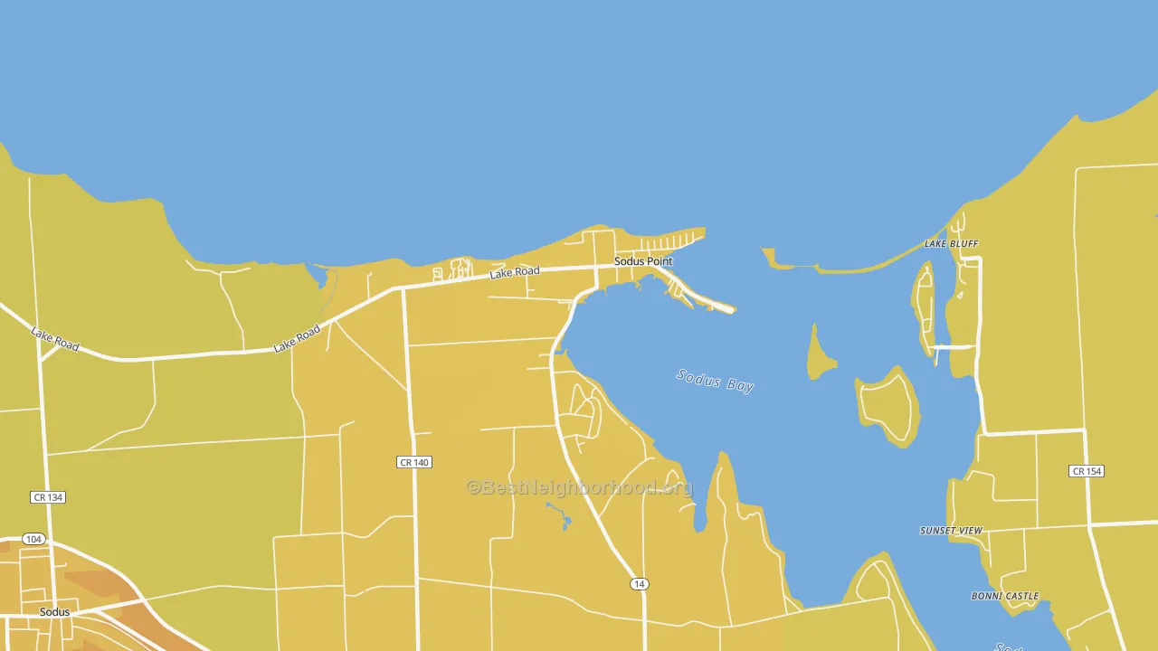 Map of the best neighborhoods in the 14555 area, with better matches in green and worse matches in red