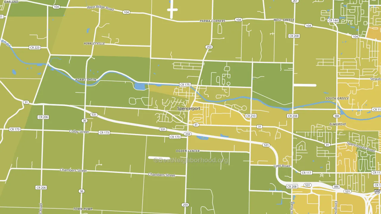 Map of the best neighborhoods in the 14559 area, with better matches in green and worse matches in red