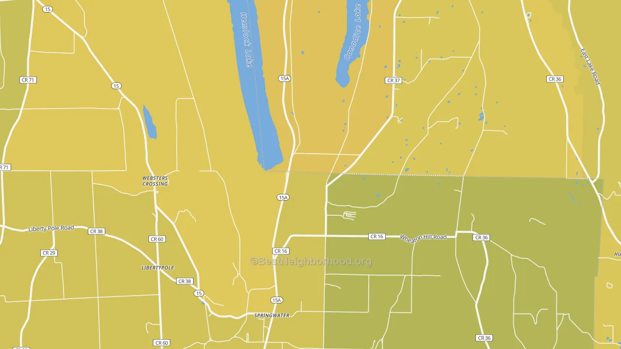 Map of the best neighborhoods in the 14560 area, with better matches in green and worse matches in red