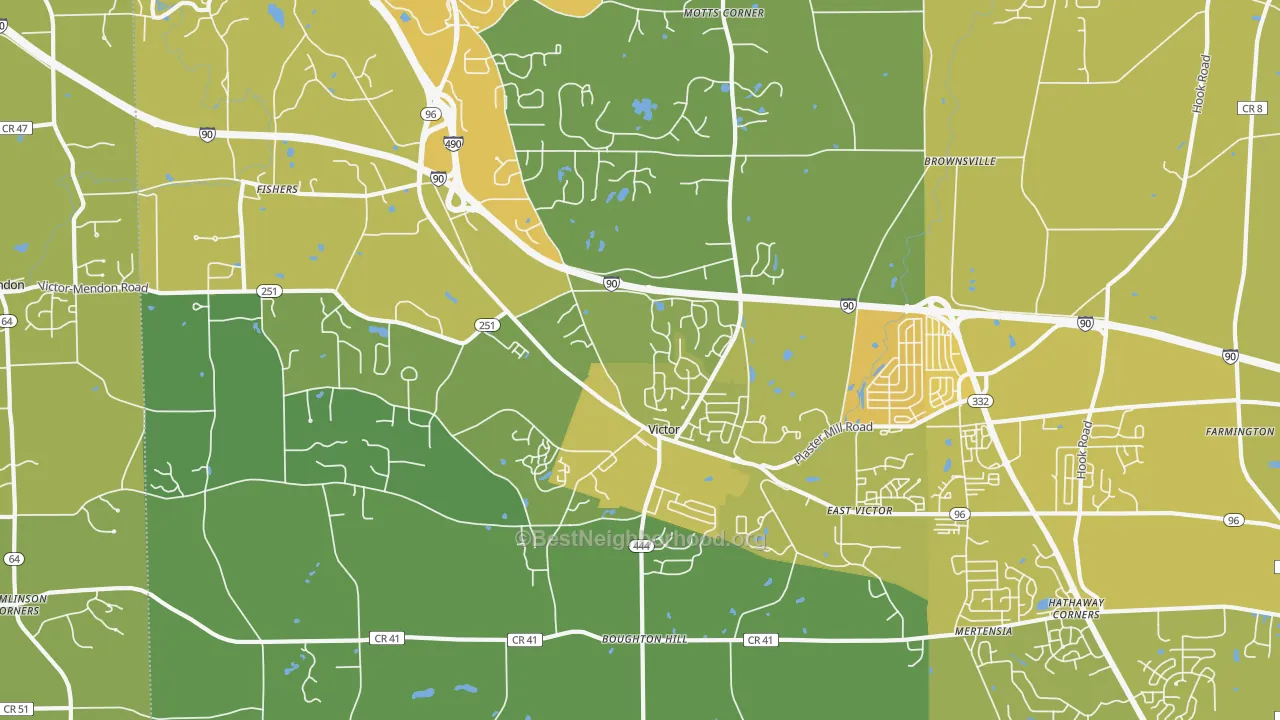Map of the best neighborhoods in the 14564 area, with better matches in green and worse matches in red