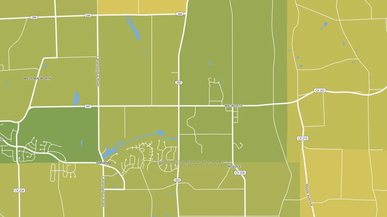 Map of the best neighborhoods in the 14568 area, with better matches in green and worse matches in red