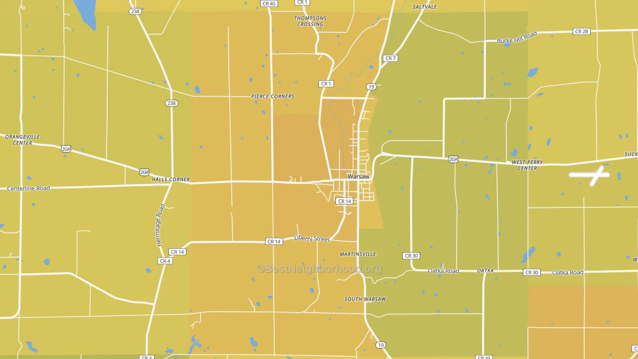 Map of the best neighborhoods in the 14569 area, with better matches in green and worse matches in red