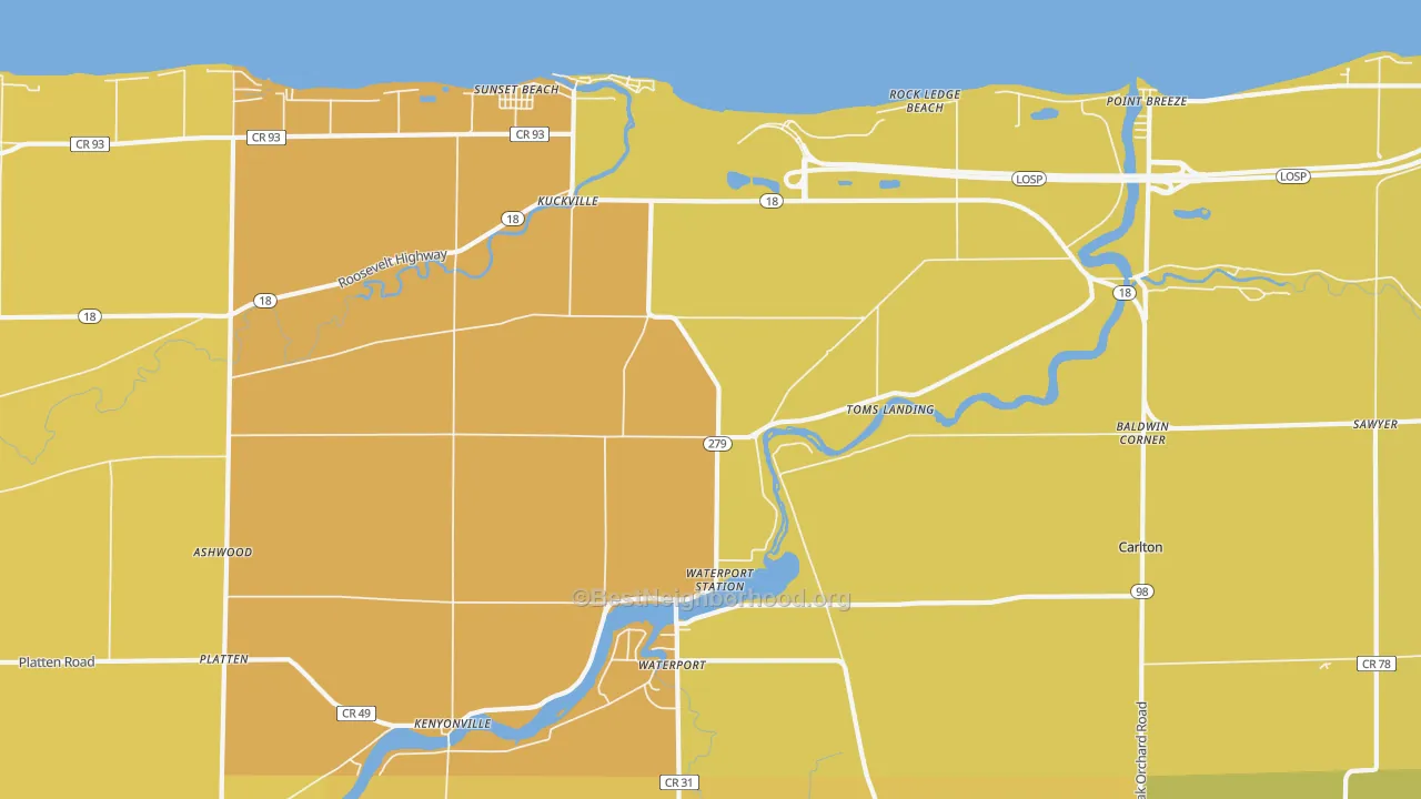 Map of the best neighborhoods in the 14571 area, with better matches in green and worse matches in red
