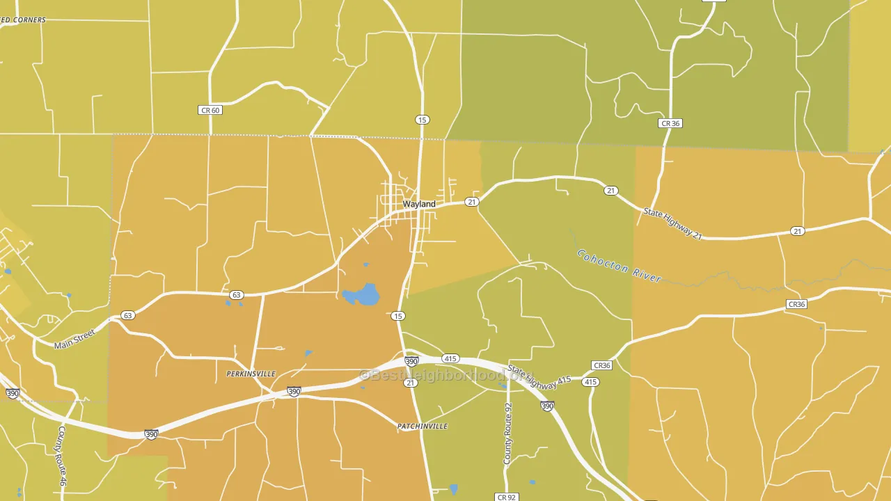 Map of the best neighborhoods in the 14572 area, with better matches in green and worse matches in red