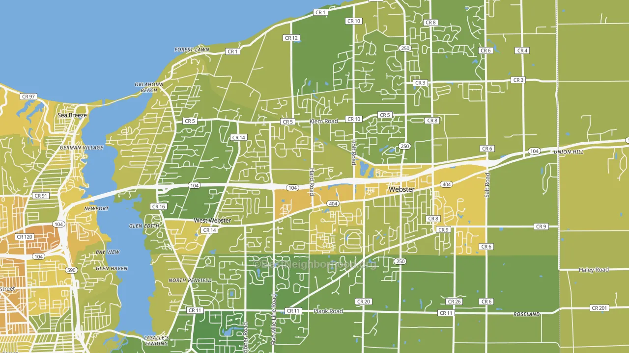 Map of the best neighborhoods in the 14580 area, with better matches in green and worse matches in red