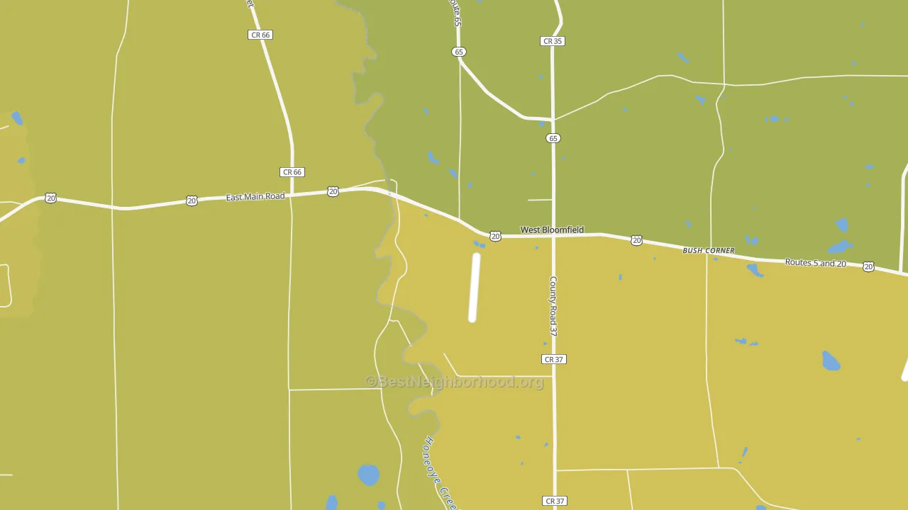 Map of the best neighborhoods in the 14585 area, with better matches in green and worse matches in red