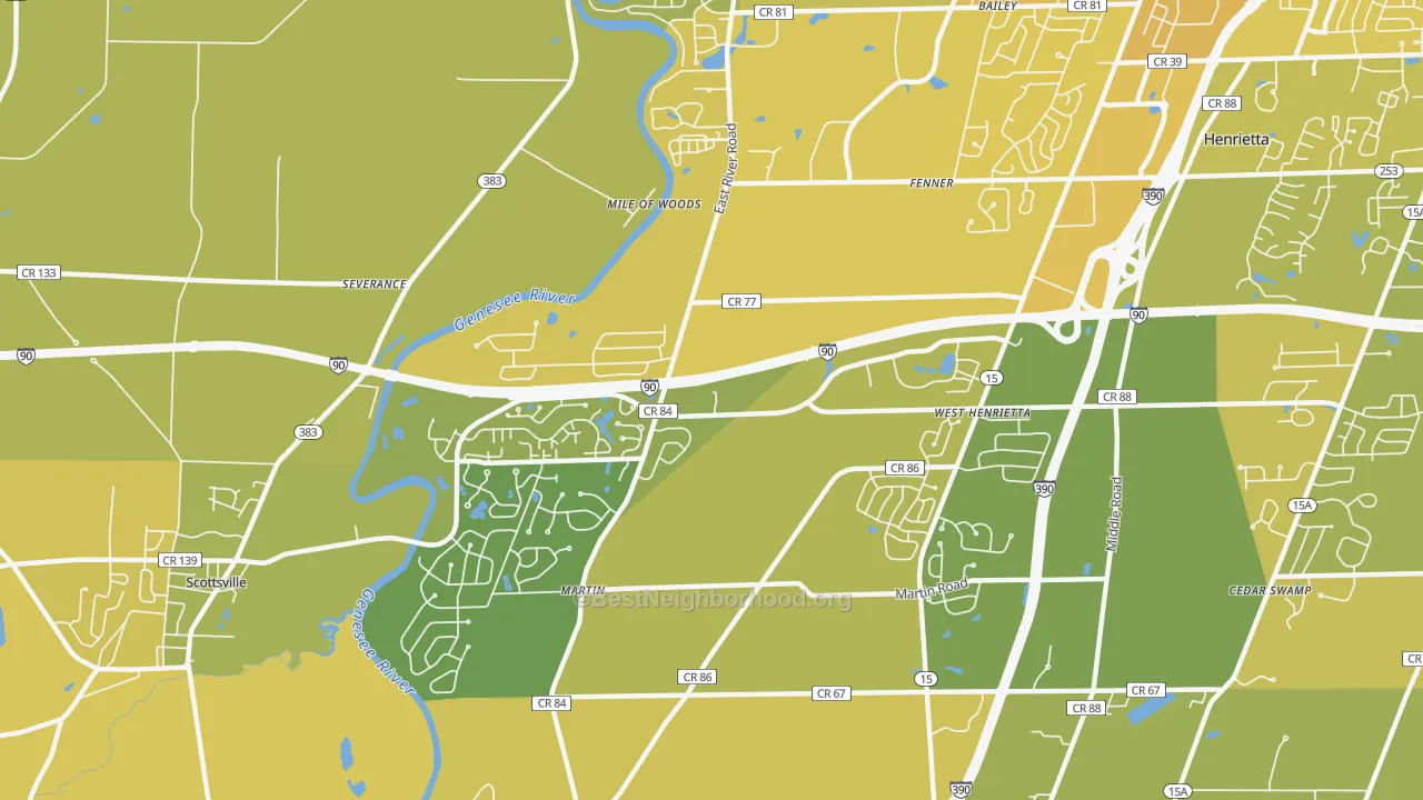 Map of the best neighborhoods in the 14586 area, with better matches in green and worse matches in red