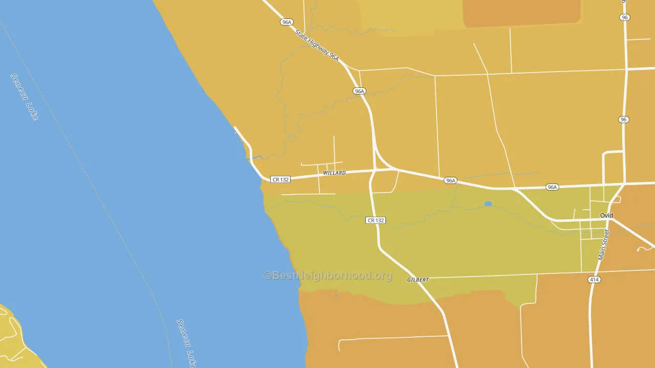 Map of the best neighborhoods in the 14588 area, with better matches in green and worse matches in red