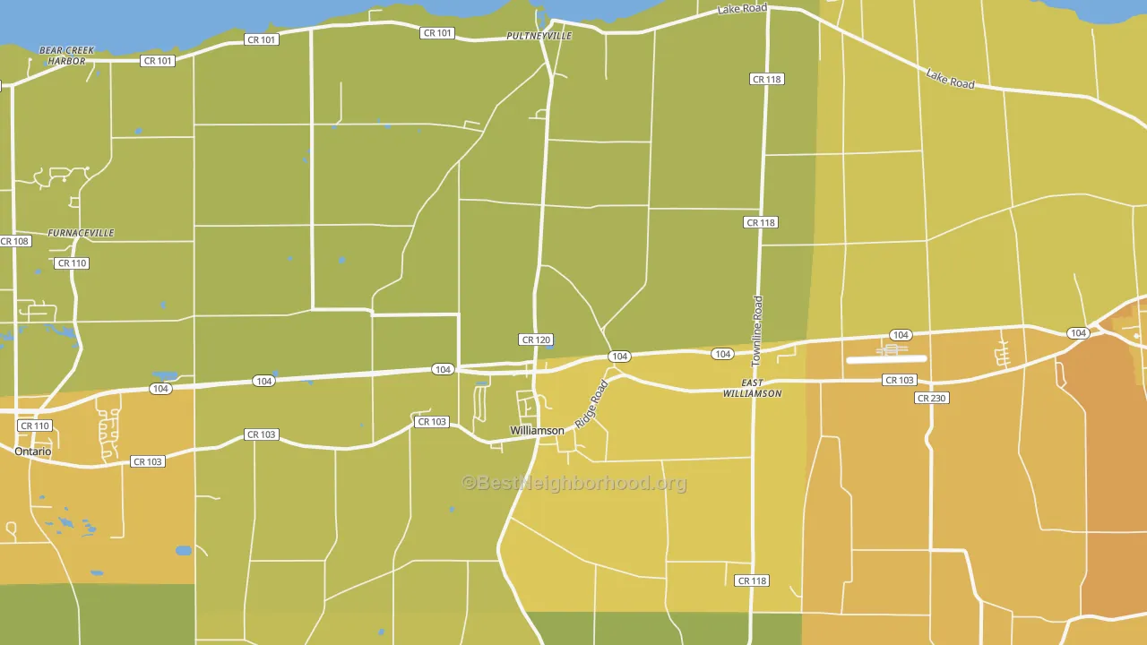 Map of the best neighborhoods in the 14589 area, with better matches in green and worse matches in red