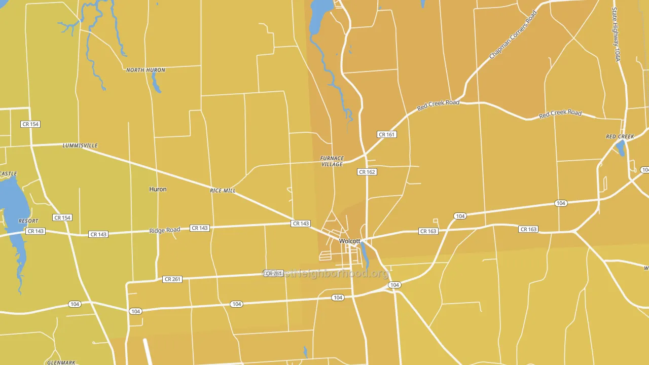 Map of the best neighborhoods in the 14590 area, with better matches in green and worse matches in red