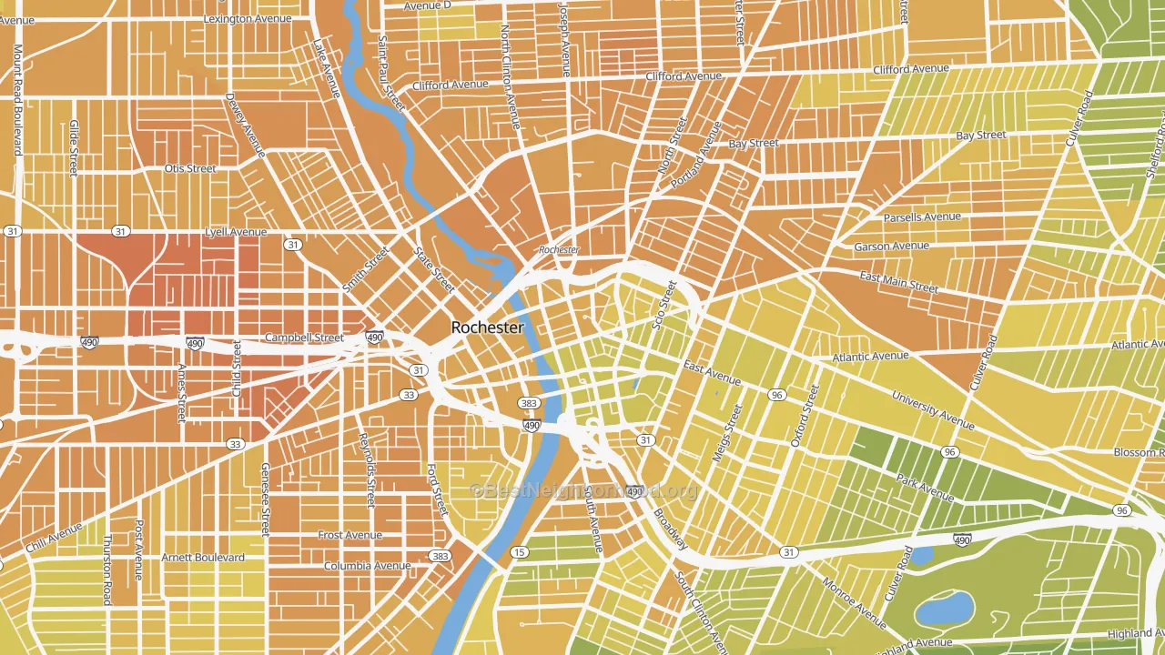 Map of the best neighborhoods in the 14604 area, with better matches in green and worse matches in red