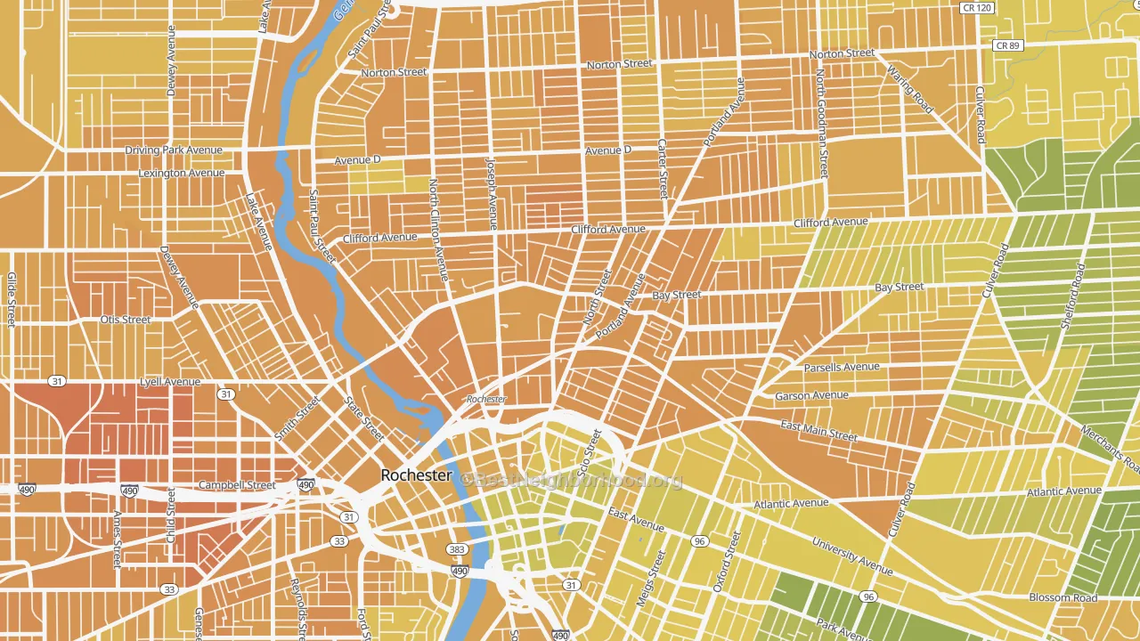 Map of the best neighborhoods in the 14605 area, with better matches in green and worse matches in red