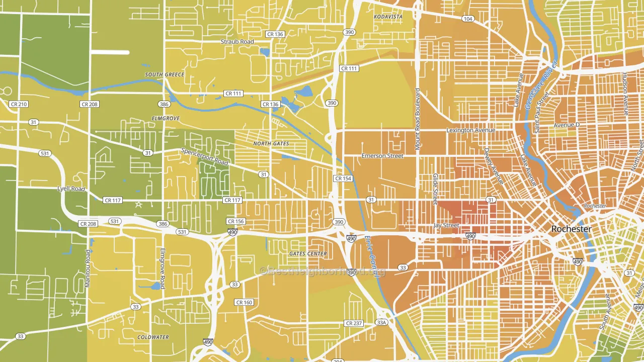 Map of the best neighborhoods in the 14606 area, with better matches in green and worse matches in red