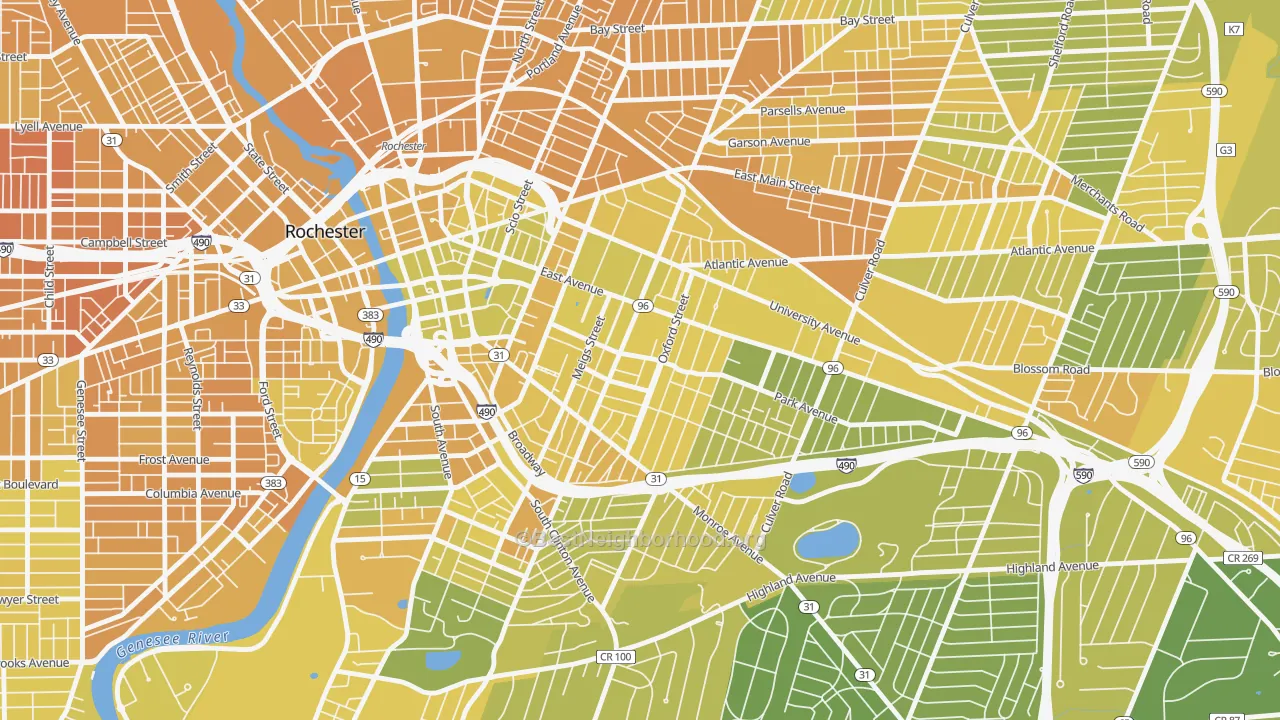 Map of the best neighborhoods in the 14607 area, with better matches in green and worse matches in red
