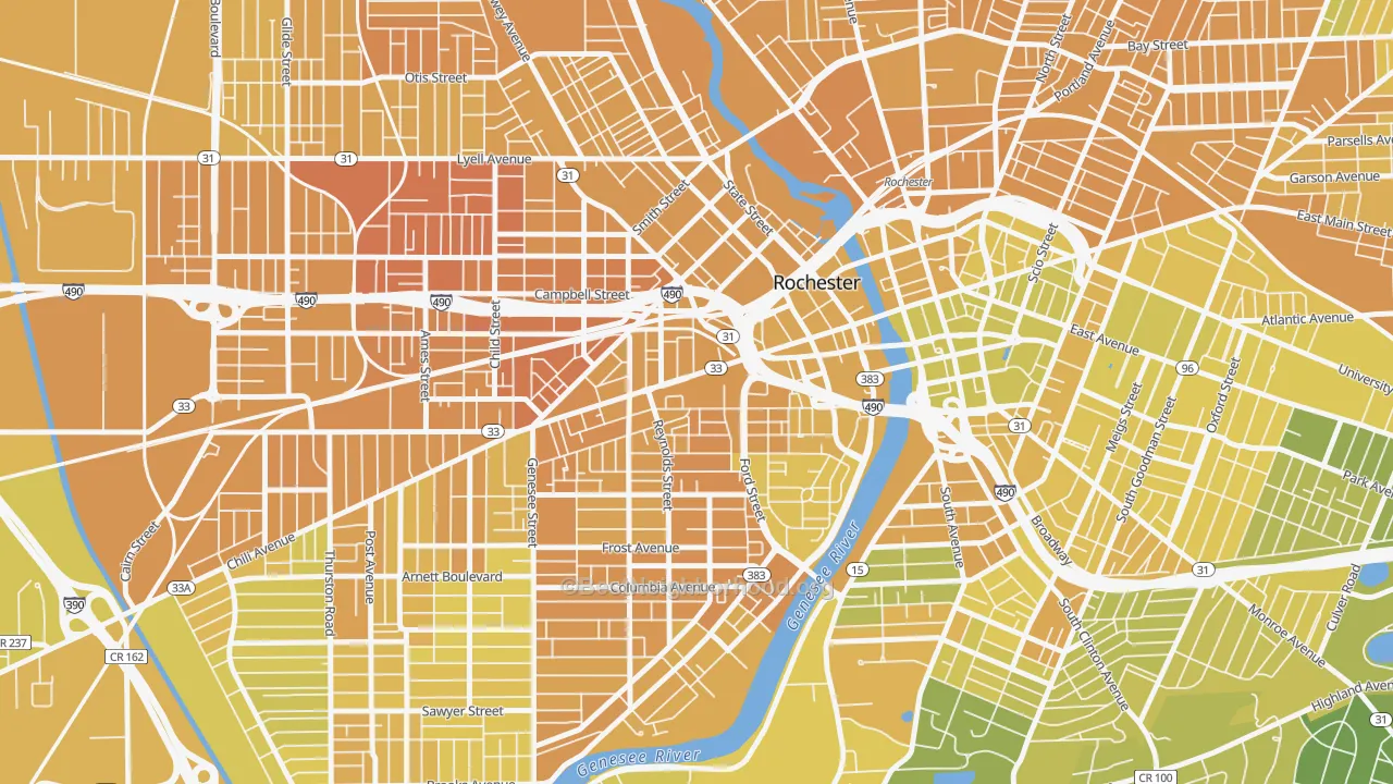 Map of the best neighborhoods in the 14608 area, with better matches in green and worse matches in red