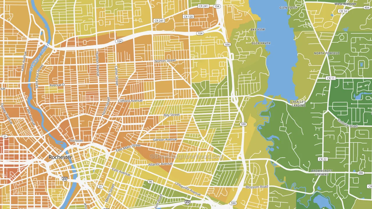 Map of the best neighborhoods in the 14609 area, with better matches in green and worse matches in red