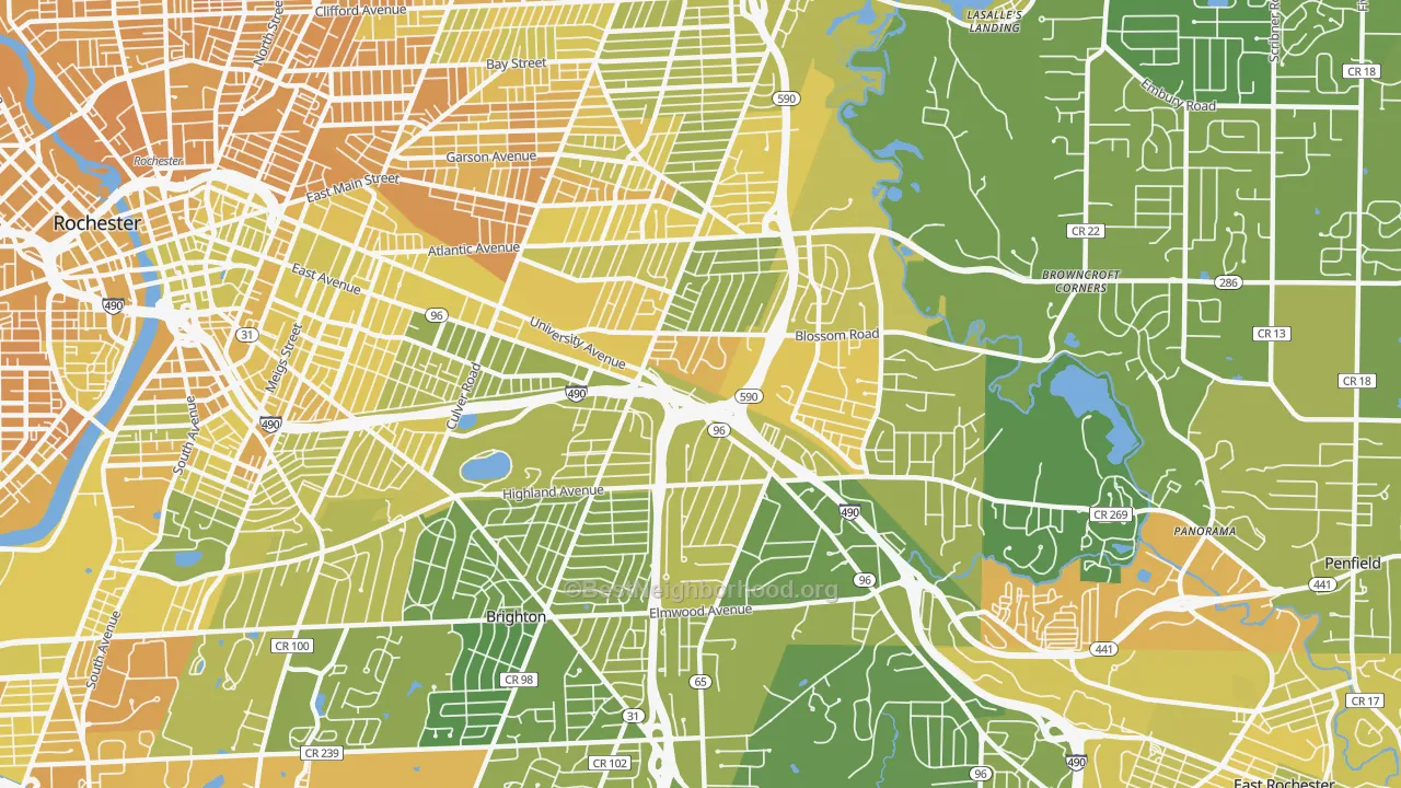 Map of the best neighborhoods in the 14610 area, with better matches in green and worse matches in red