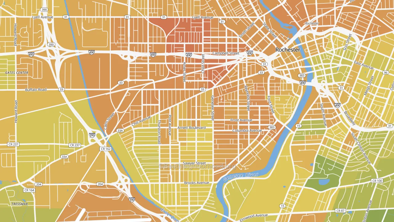 Map of the best neighborhoods in the 14611 area, with better matches in green and worse matches in red