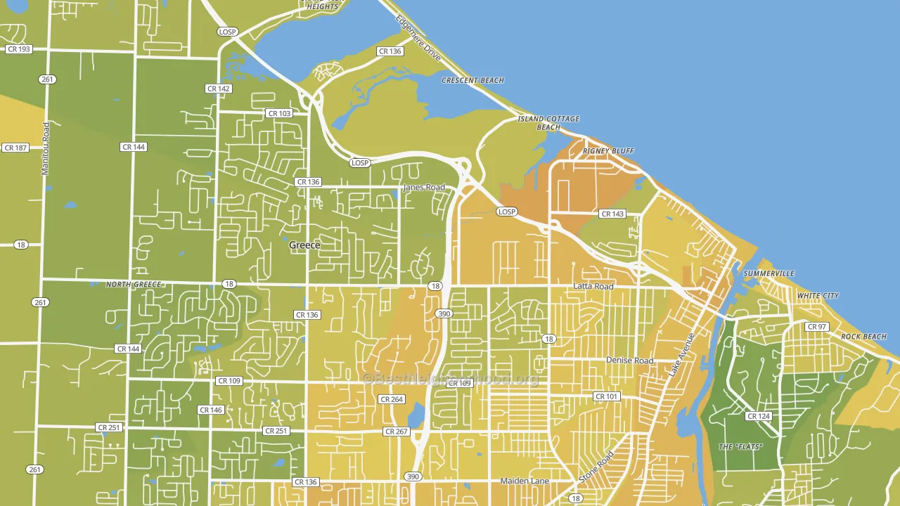 Map of the best neighborhoods in the 14612 area, with better matches in green and worse matches in red