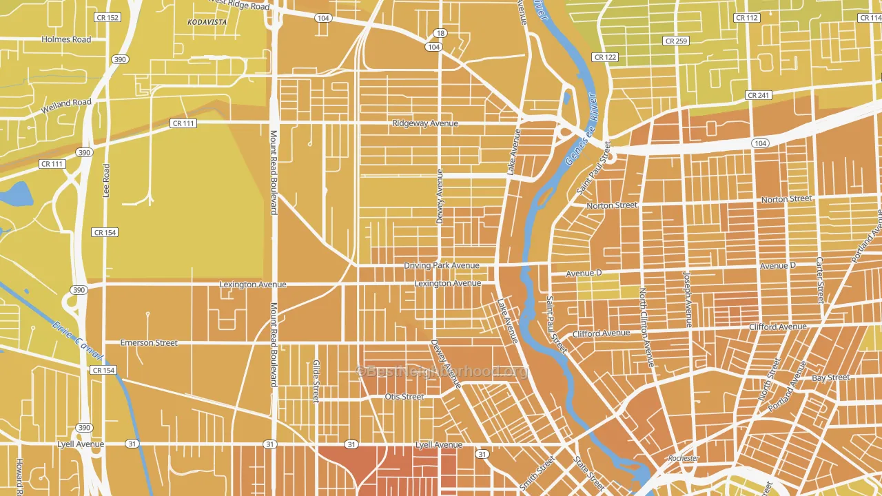 Map of the best neighborhoods in the 14613 area, with better matches in green and worse matches in red
