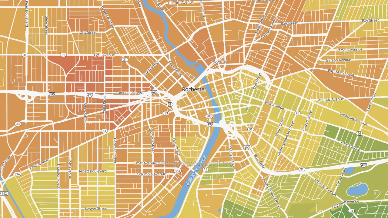 Map of the best neighborhoods in the 14614 area, with better matches in green and worse matches in red