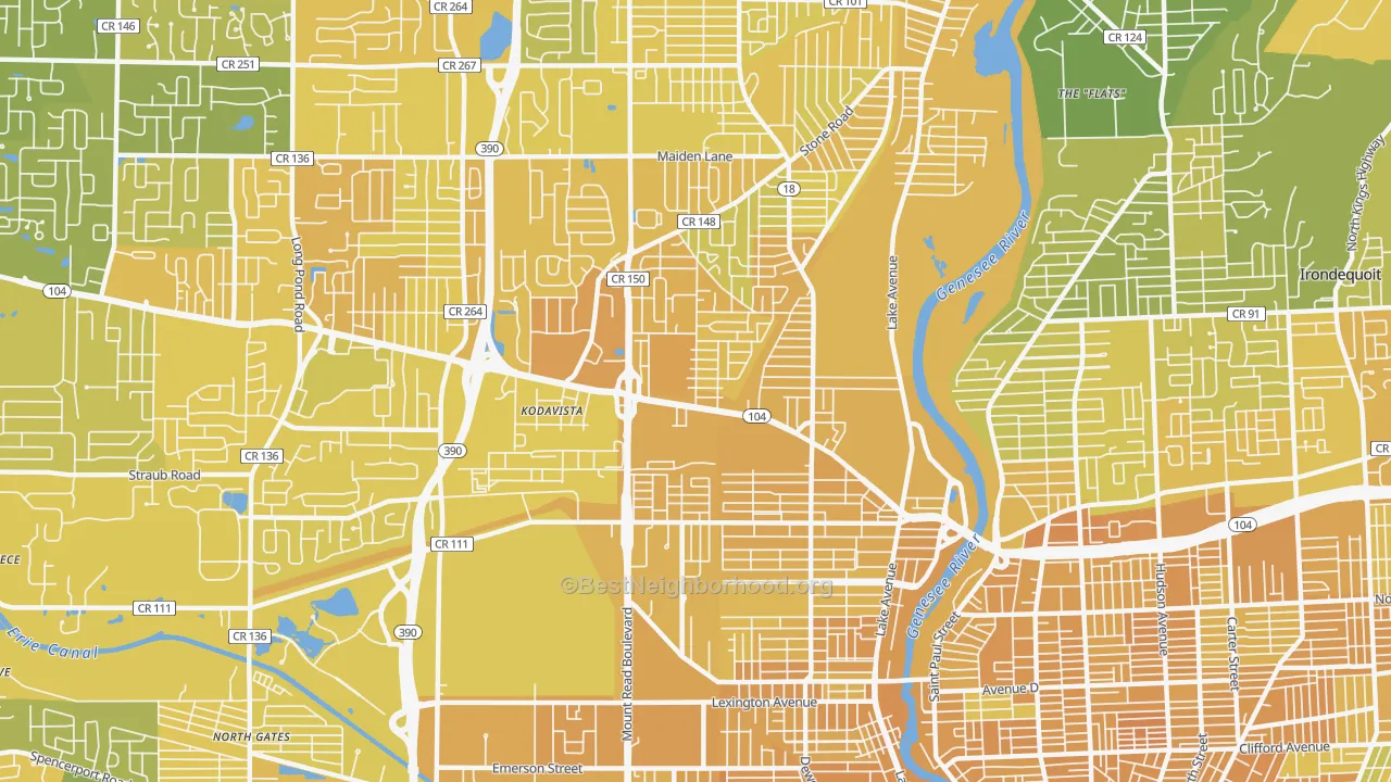 Map of the best neighborhoods in the 14615 area, with better matches in green and worse matches in red