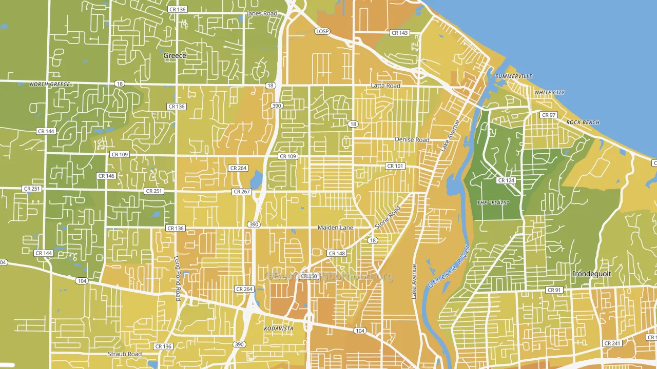 Map of the best neighborhoods in the 14616 area, with better matches in green and worse matches in red
