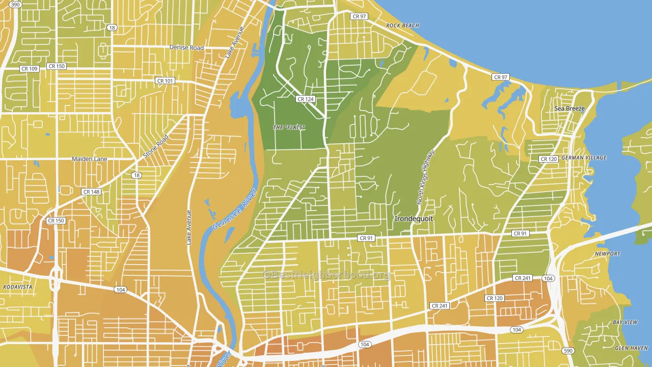 Map of the best neighborhoods in the 14617 area, with better matches in green and worse matches in red