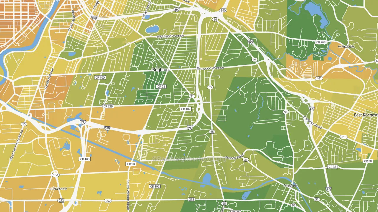 Map of the best neighborhoods in the 14618 area, with better matches in green and worse matches in red