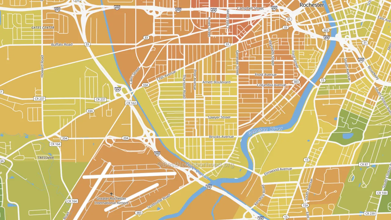 Map of the best neighborhoods in the 14619 area, with better matches in green and worse matches in red