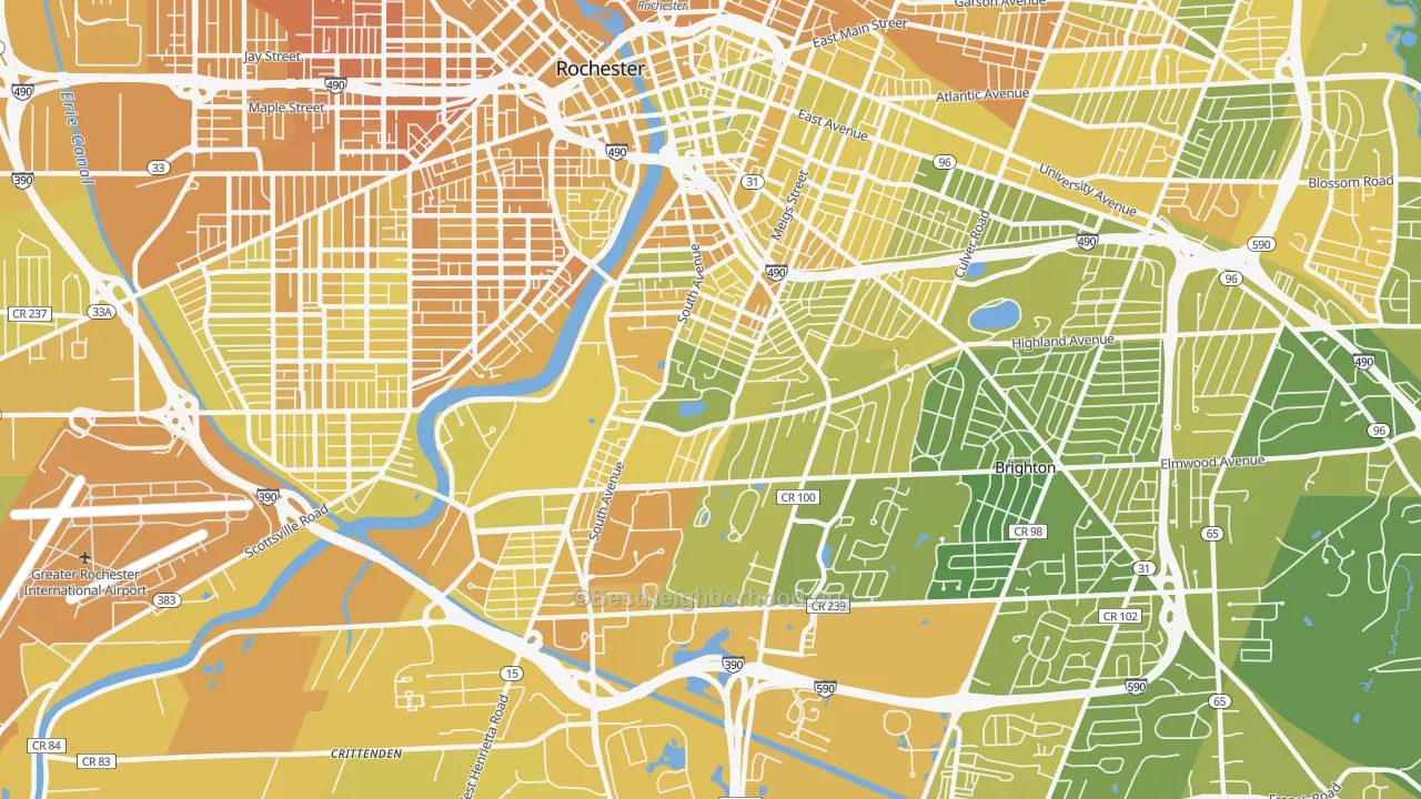 Map of the best neighborhoods in the 14620 area, with better matches in green and worse matches in red