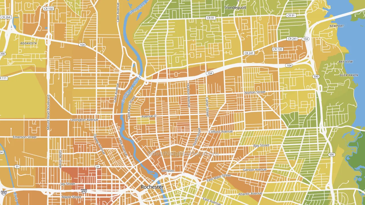 Map of the best neighborhoods in the 14621 area, with better matches in green and worse matches in red