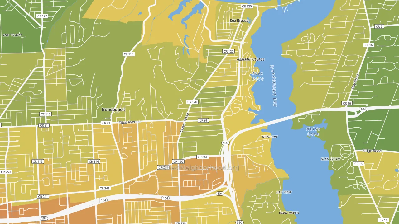 Map of the best neighborhoods in the 14622 area, with better matches in green and worse matches in red