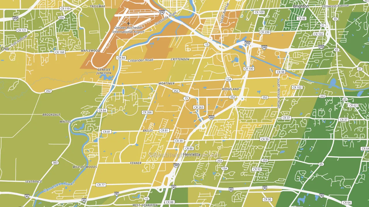 Map of the best neighborhoods in the 14623 area, with better matches in green and worse matches in red