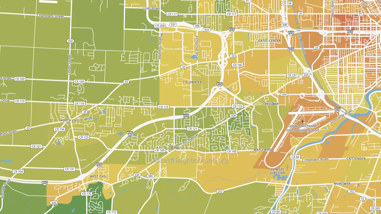 Map of the best neighborhoods in the 14624 area, with better matches in green and worse matches in red