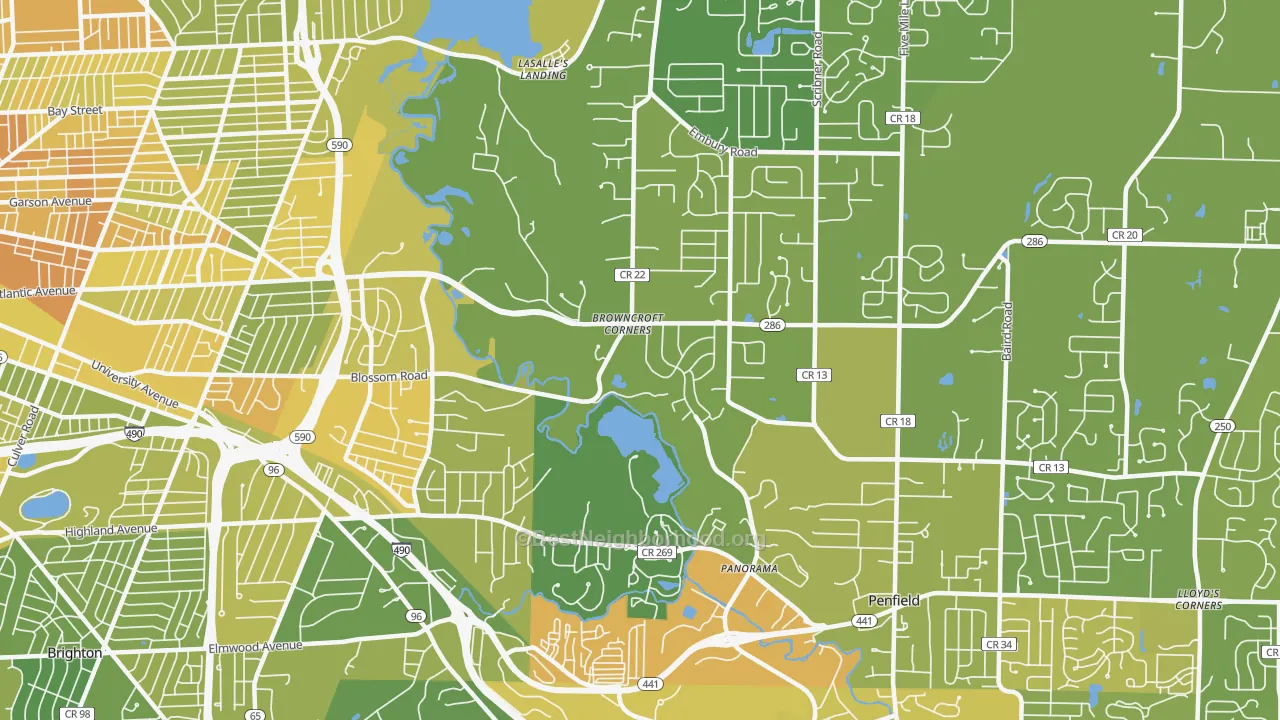 Map of the best neighborhoods in the 14625 area, with better matches in green and worse matches in red
