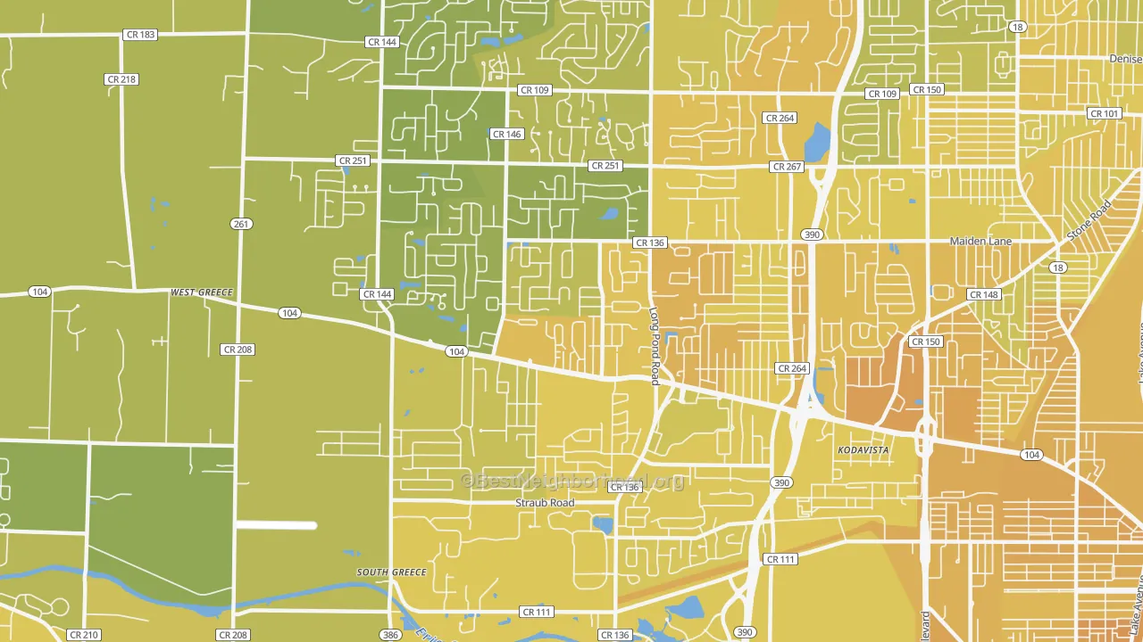 Map of the best neighborhoods in the 14626 area, with better matches in green and worse matches in red