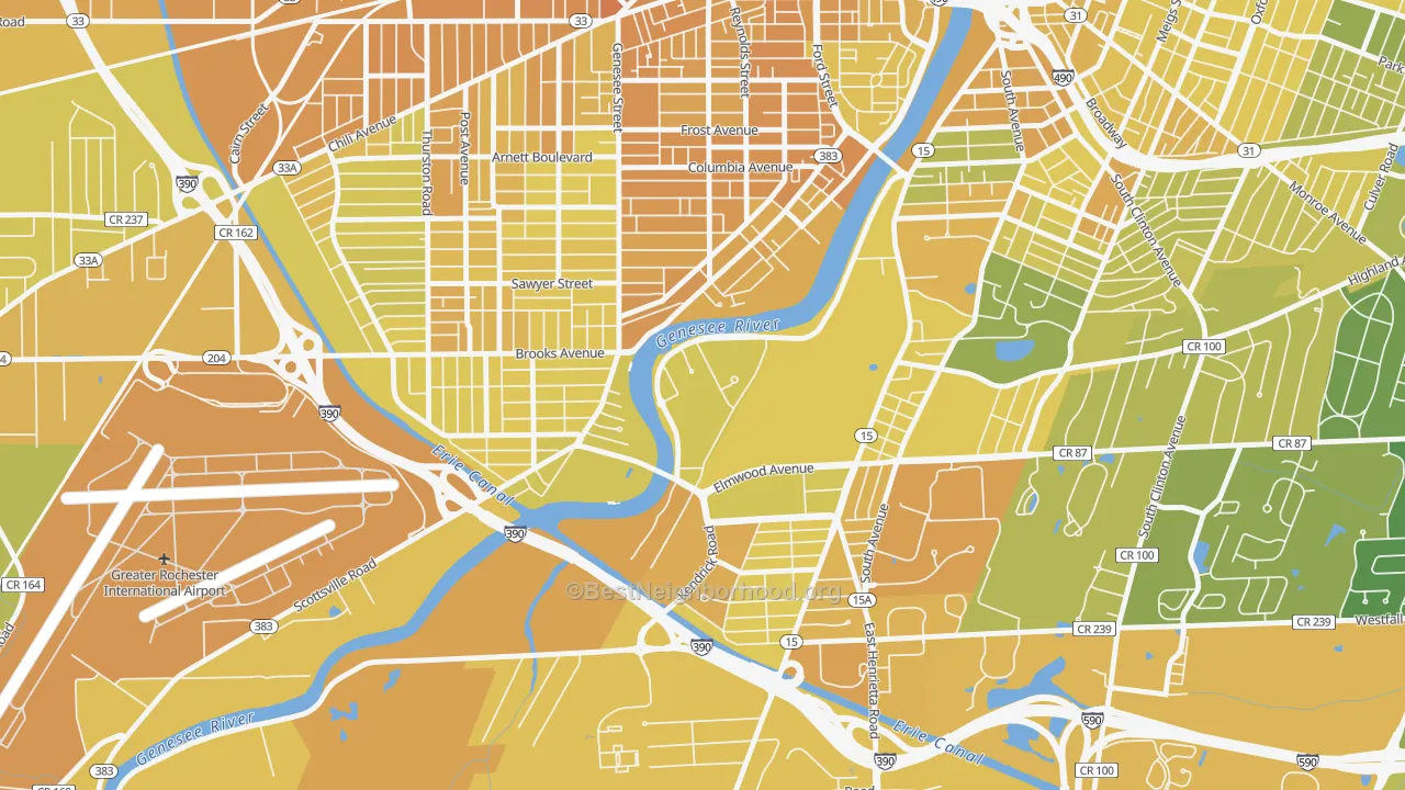Map of the best neighborhoods in the 14627 area, with better matches in green and worse matches in red