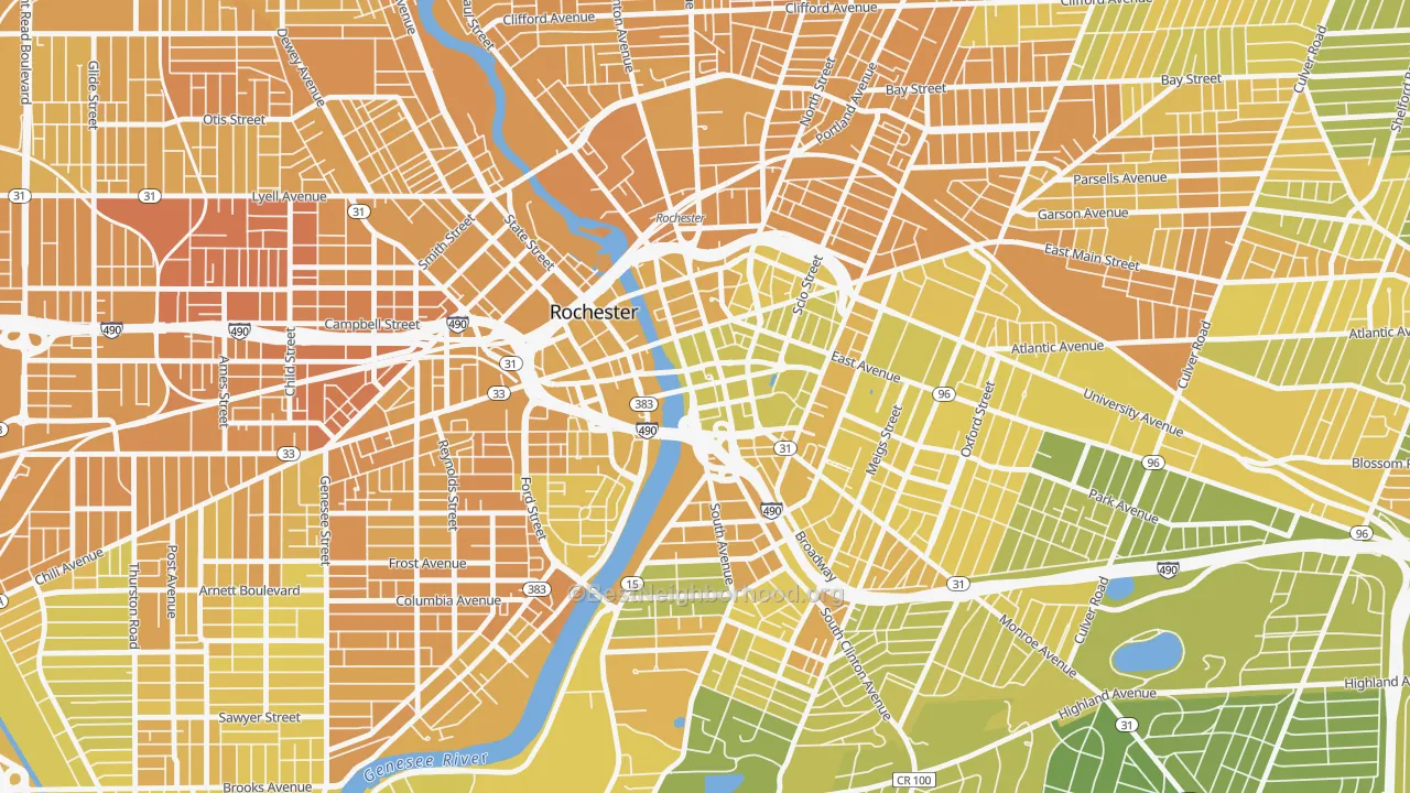 Map of the best neighborhoods in the 14647 area, with better matches in green and worse matches in red