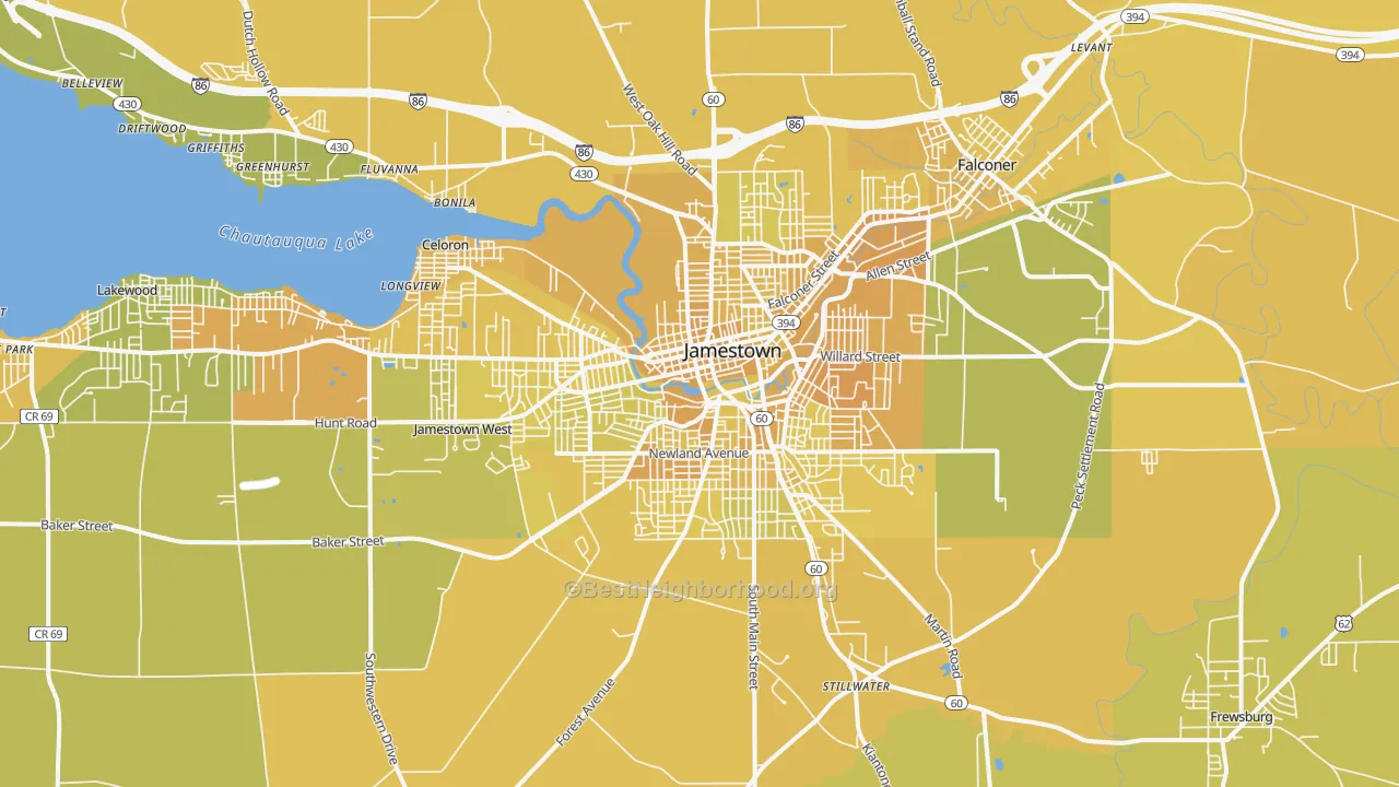 Map of the best neighborhoods in the 14701 area, with better matches in green and worse matches in red