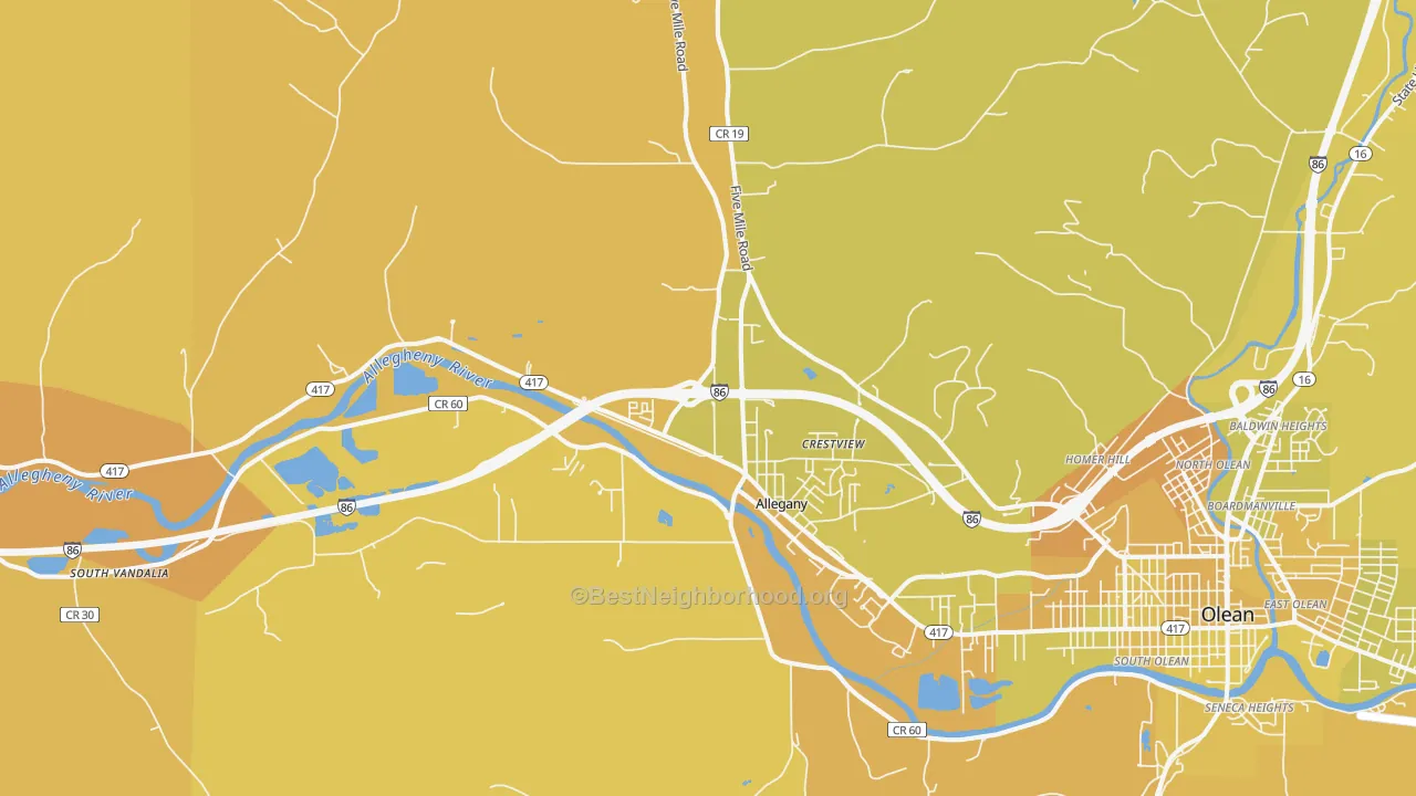 Map of the best neighborhoods in the 14706 area, with better matches in green and worse matches in red