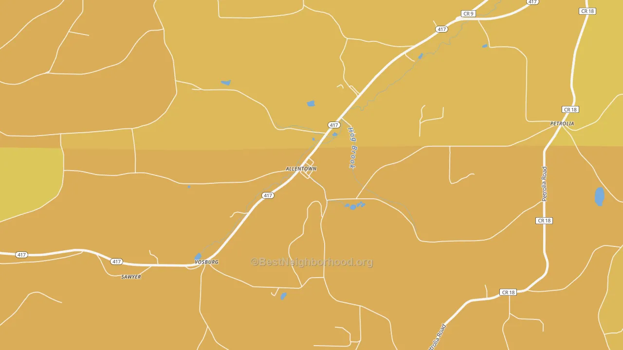 Map of the best neighborhoods in the 14707 area, with better matches in green and worse matches in red