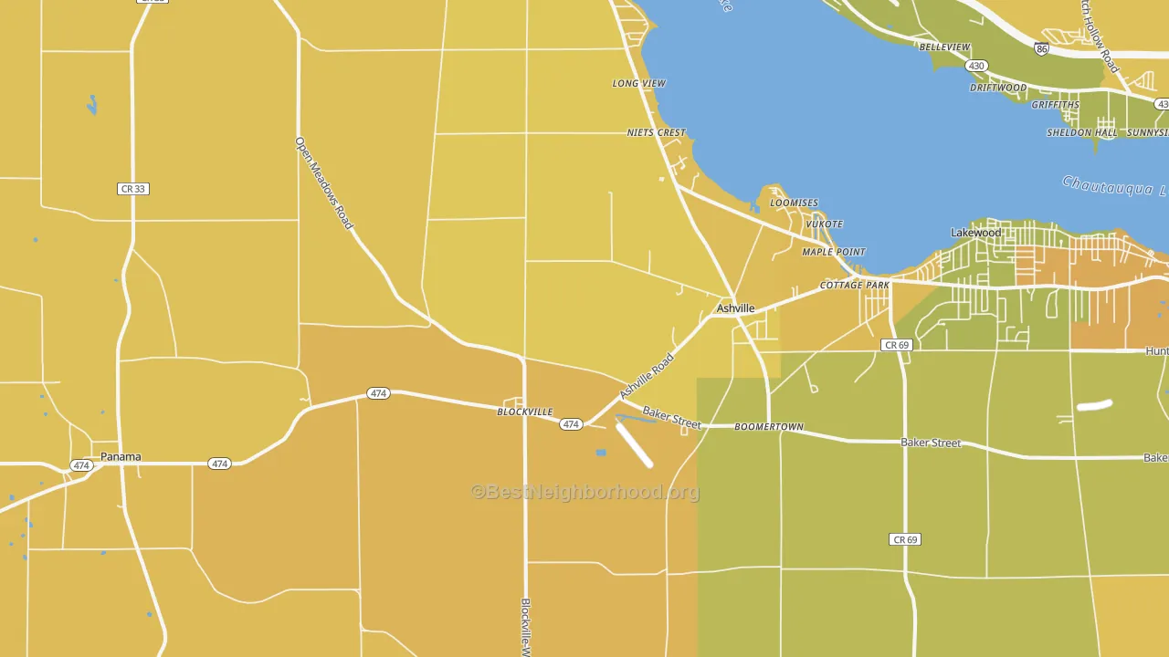 Map of the best neighborhoods in the 14710 area, with better matches in green and worse matches in red