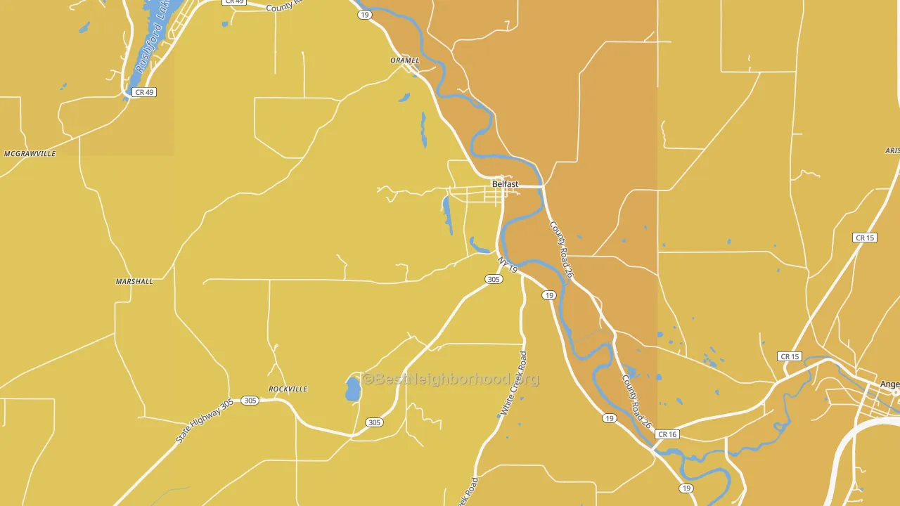 Map of the best neighborhoods in the 14711 area, with better matches in green and worse matches in red